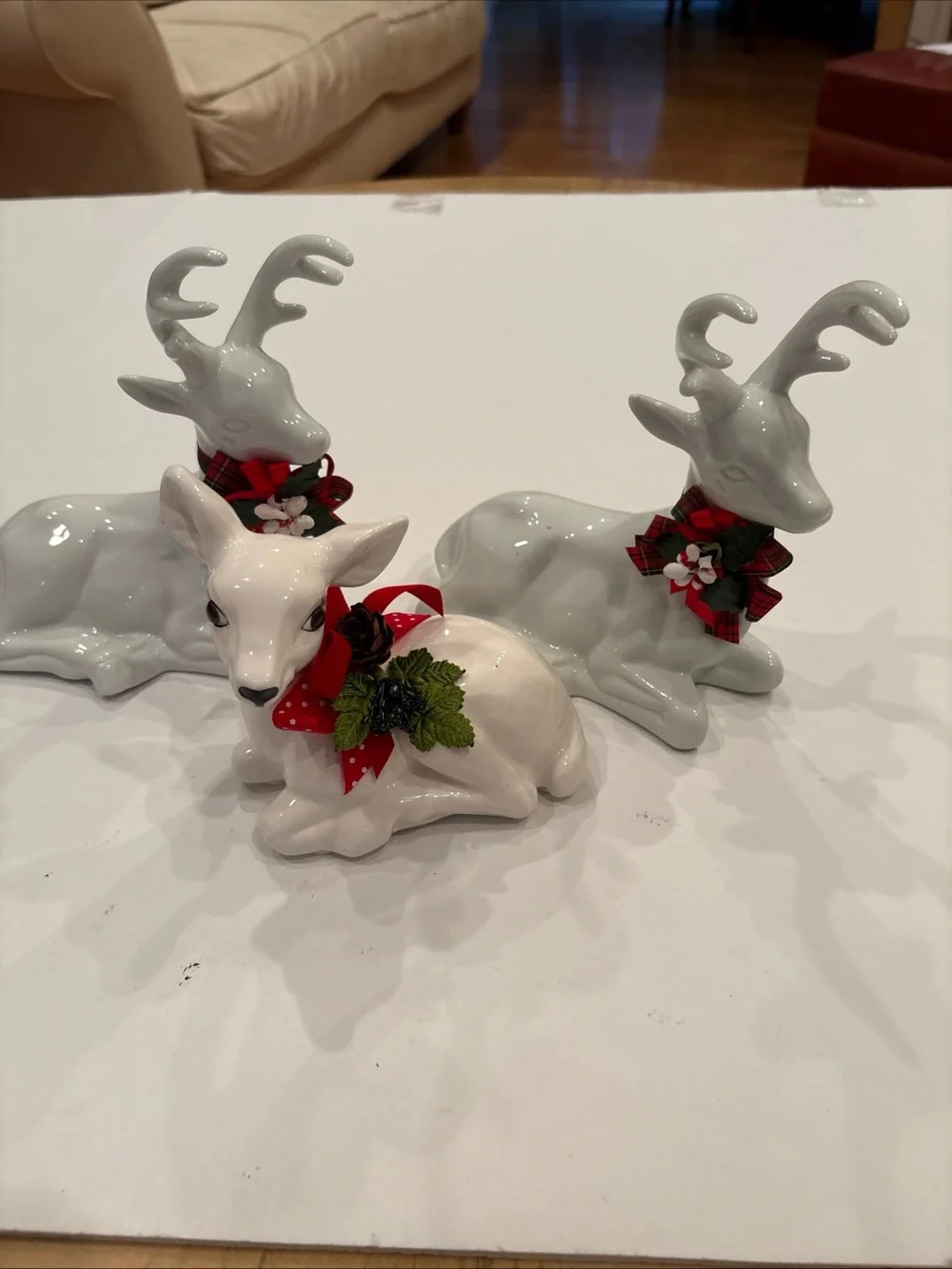 Set of 3/White Ceramic Reindeer Holiday Figurines w/ Red Plaid Bows-Christmas